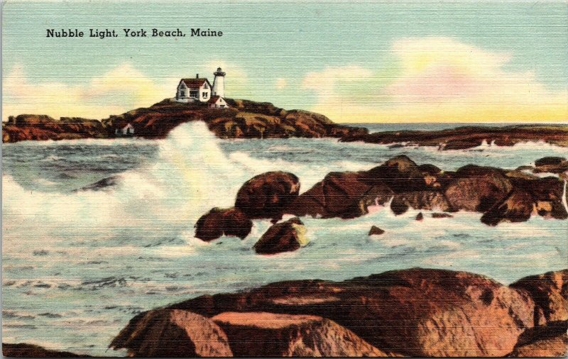 Historic Nubble Light York Beach Maine Coastline Ocean Linen Cancel WOB Postcard 