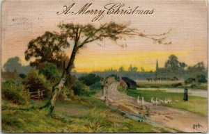 A Merry Christmas Postcard, Satin feel, country lane, geese, PM Butte, MT 1906