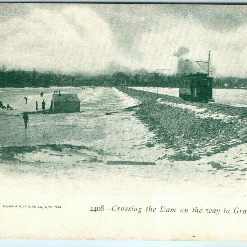 1900s Davenport Iowa Electric Tram Trolley Dam Photo Ice Fishing Antique NICE A7