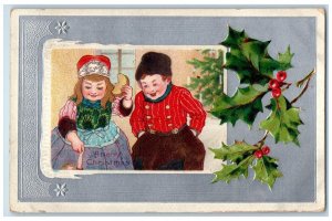 Christmas Postcard Children Holly Berries Embossed Frederic Iowa IA 1907 Antique
