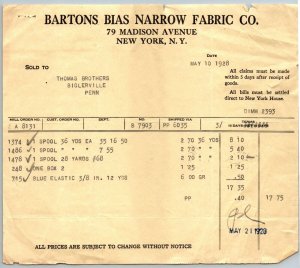 1927  New York City  Bartons Bias Narrow Fabric Co. Receipt  8 x 7