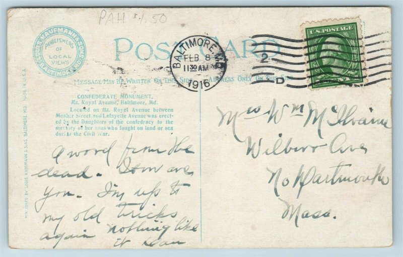 Postcard MD Baltimore Maryland c1916 Confederate Monument Removed AD11