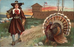 Thanksgiving Pilgrim Gun Turkey Embossed c1910 Vintage Postcard