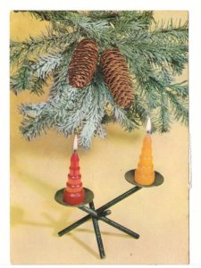 Merry Christmas, Spruce Cones, Candles, Vintage Greetings Postcard From Hungary