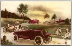 MULTIPLE BABIES CAR RACE ANTIQUE POSTCARD w/ NETHERLANDS STAMPS