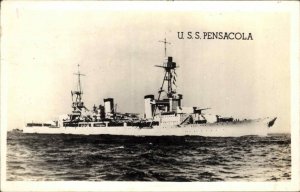 WWII Battleship USS Pensacola Soldiers Msg 1942 Cancel Vintage RPPC Postcard