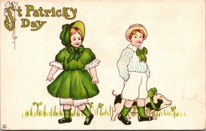 St Patrick's Day, Girl in Green Dress, Boy with Pig Vintage Postcard W70