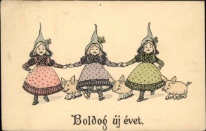 Hungarian New Year Boldog uj Evet Children & Pigs Cute c1910 Postcard