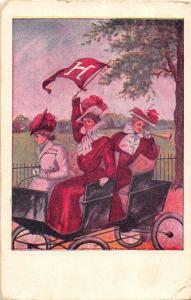 B45/ College Girls Series Postcard c1910 Pretty 1908 Harvard Automobile Pennant1