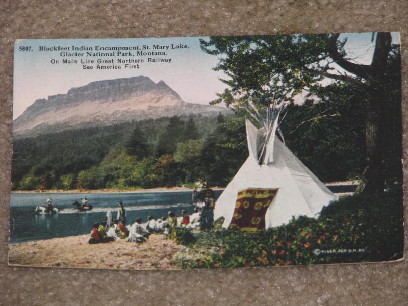 Blackfeet Indian Encampment St. Mary Lake, Montana, used vintage card 