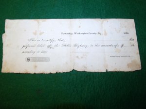 1859 Washington County Ohio Reciept For Public Highway Work Paper Item