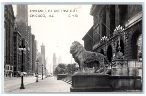 Chicago Illinois IL Postcard RPPC Photo Entrance To Art Institute Lion Statue