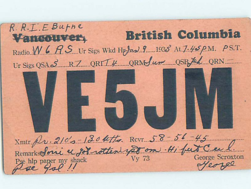 1930s QSL RADIO CARD Vancouver British Columbia BC AH3144