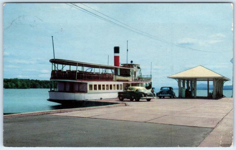 MAGOG, QUEBEC  Canada    STEAMER ANTHEMIS  Ship 1950s Cars  PM 1957  Postcard