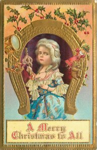 Embossed Christmas Postcard Pretty Little Princess with Scepter in Horseshoe HSV