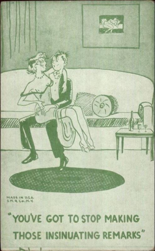 Sexy Woman on Man's Lap Dress Falling Off Fooling Around Comic Exhibit Card  | Topics - Risque - Women - Other, Postcard / HipPostcard