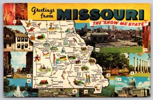 Maps~Highway Map of Missouri & 11 Views Key On Back~Vintage Postcard