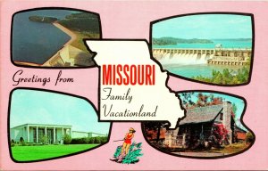 Vtg Postcard Greetings from Missouri Family Vacationland MO Pink Waterskiing UNP