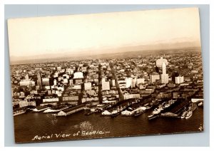 Vintage 1930's RPPC Postcard Aerial View Seattle Washington Port Ships Skyline