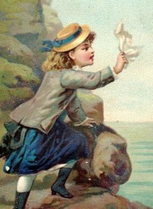 1880s embossed Victorian Christmas Card Adorable Girl Rocks Sea P223