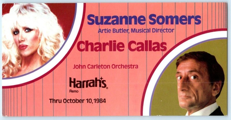 HARRAH'S RENO, Nevada NV ~ SUZANNE SOMERS Charlie Callas 1984 - 4x8 Postcard