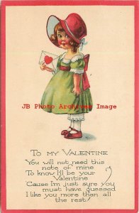 Valentine Day, Unknown No 3004, Young Girl Wearing Bonnet Holding Card