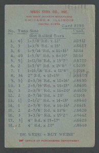 1948 PC Weiss Steel Co Lists Of Sizes Tons Quality Of Hot Rolled Bars Chicago IL