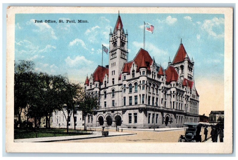 c1920 Post Office Building Clock Tower Classic Car Flags St. Paul MN Postcard