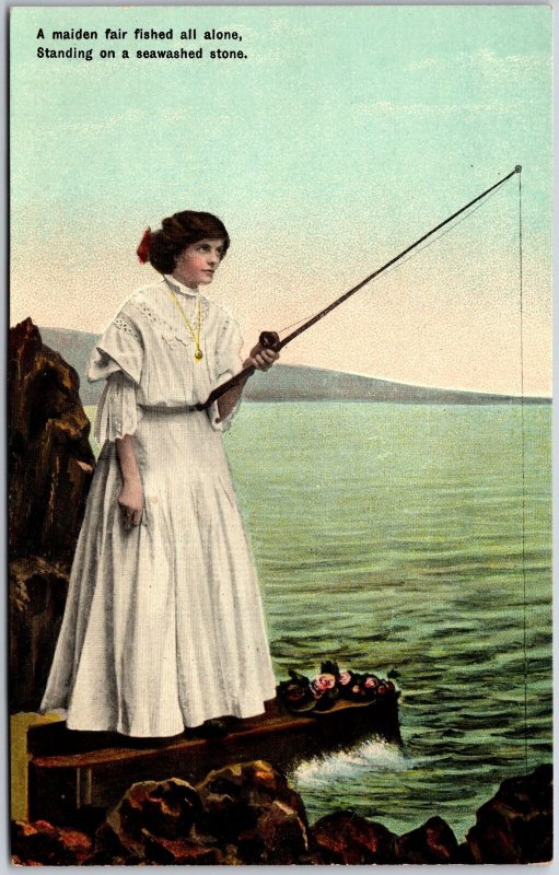 A Maiden Fair Fished All Alone Standing On Seawashed Stone Postcard 