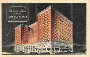 DES MOINES, Iowa IA  HOTEL FORT DES MOINES~Night View  ROADSIDE c1940's Postcard