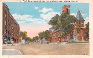 First Congregational Church & Main Street Binghamton, New York Postcard