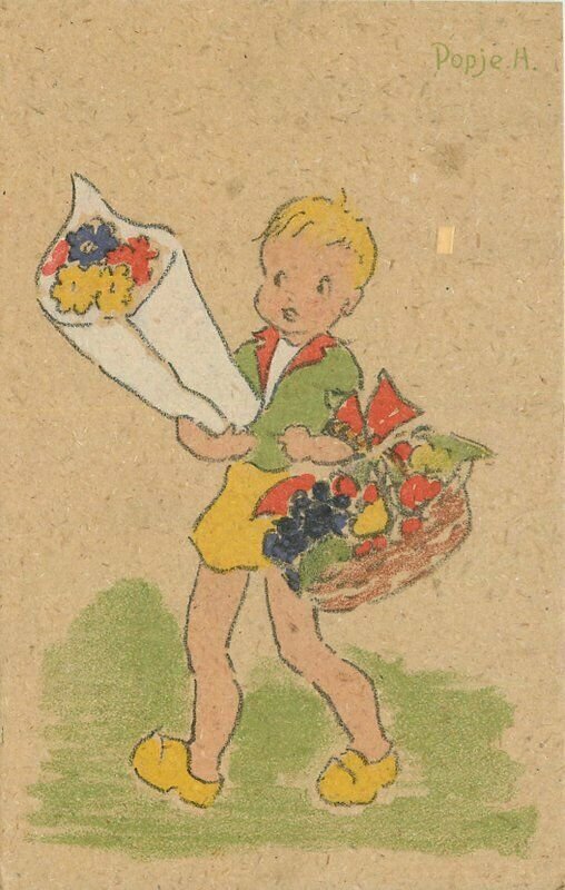 Artist Impression Boy Delivering Floral Bouquet Valentine 1920s Postcard 10075