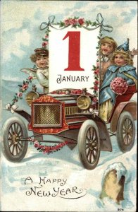 New Year Fantasy Fairy Drives Children in Classic Car c1910 Vintage Postcard