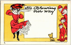 Wind Blowing Lady's Skirts, Men Watching It's Blowing Our Way UDB Postcard J31