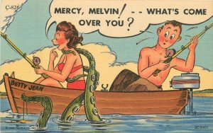 1940s Romance Couple boat Octopus Comic Humor Teich Postcard 22-8493