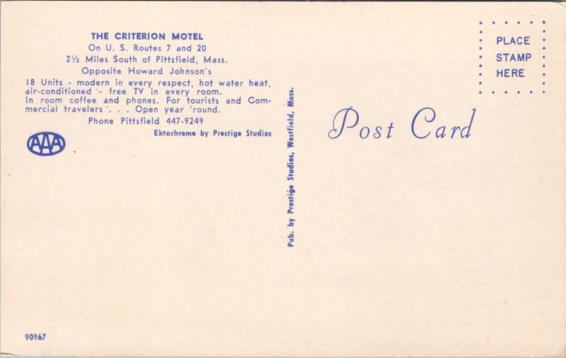 The Criterion Motel Pittsfield MA Mass Unused Vintage Postcard D61