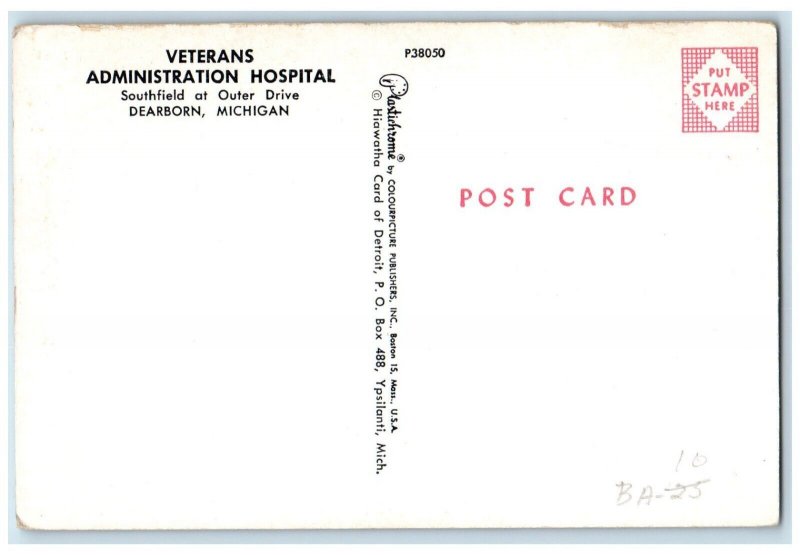 c1960 Veterans Administration Hospital Southfield Outer Drive Dearborn Postcard