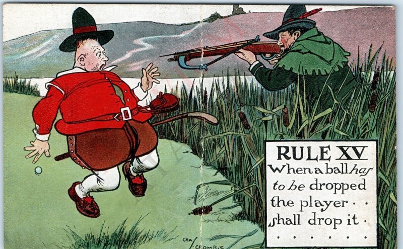 c1900s Golf Comic Charles Crombie Rule XV Postcard Series Rifle Gun A167