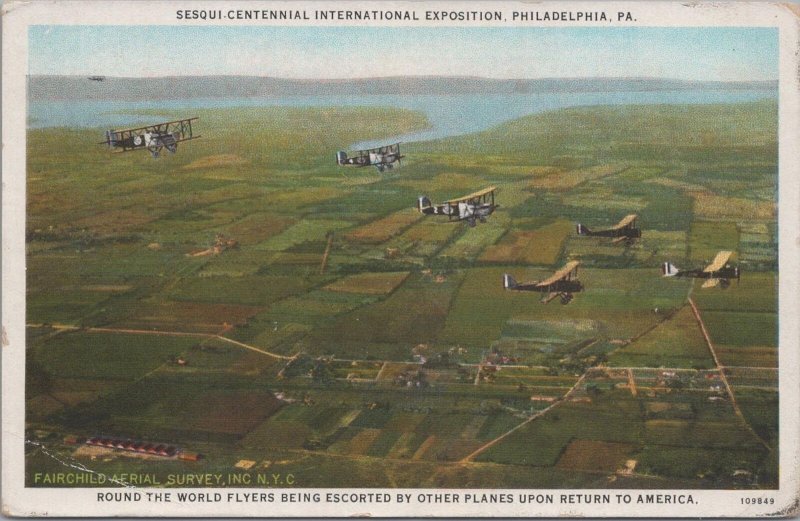 Postcard Sesqui Centennial Expo Philadelphia PA Airplanes Around World Flyers