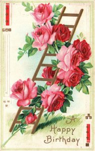 Vintage Postcard A Happy Birthday Pink And Red Rose Flowers Ladder Bordered