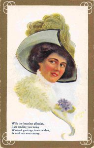 Woman in Large Hat Heartiest Affection 1910c postcard