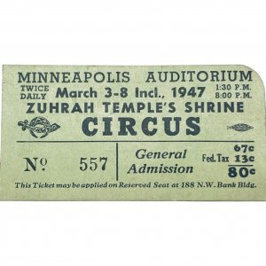 1946 Minneapolis Auditorium Zuhrah Temple's Shrine Circus Ticket