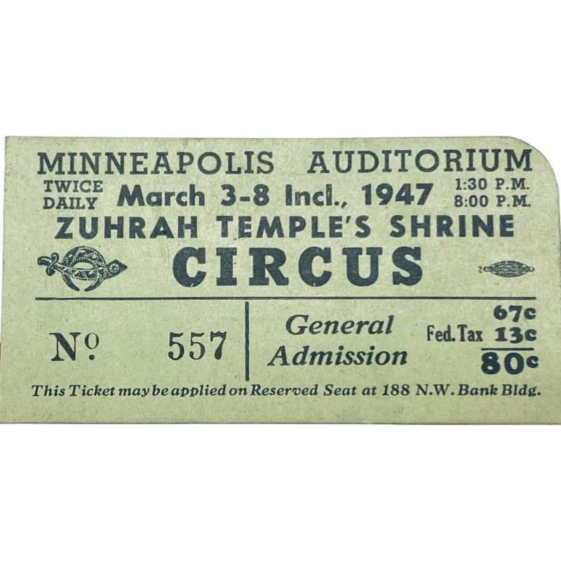 1946 Minneapolis Auditorium Zuhrah Temple's Shrine Circus Ticket