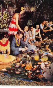 LUAU (Hawaiian Feast) Ti Leaves, Pineapples Hawaii c1950s Vintage Postcard