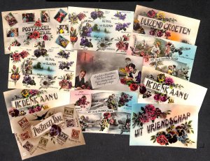 Lot of 11 Dutch greetings postcards 1930s language of flowers romantic couples 