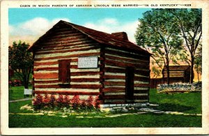 Cabin In Which Parents of Abraham Lincoln Married Old Kentucky Linen Postcard 