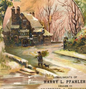 1880s Harry L. Pfahler Groceries Provisions Fine Crackers Winter Scene Dog &E