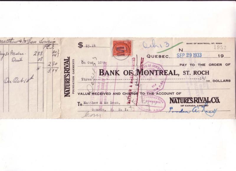 Cheque, Bank of Montreal, 1933, Nature's Rival Quebec Foundation Garments,