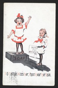 Suffragettes Girl on Soapbox Votes for Wimmen 'Id rather kiss her......