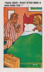 Man In Bed With Shoe Horn Comic Humour Postcard